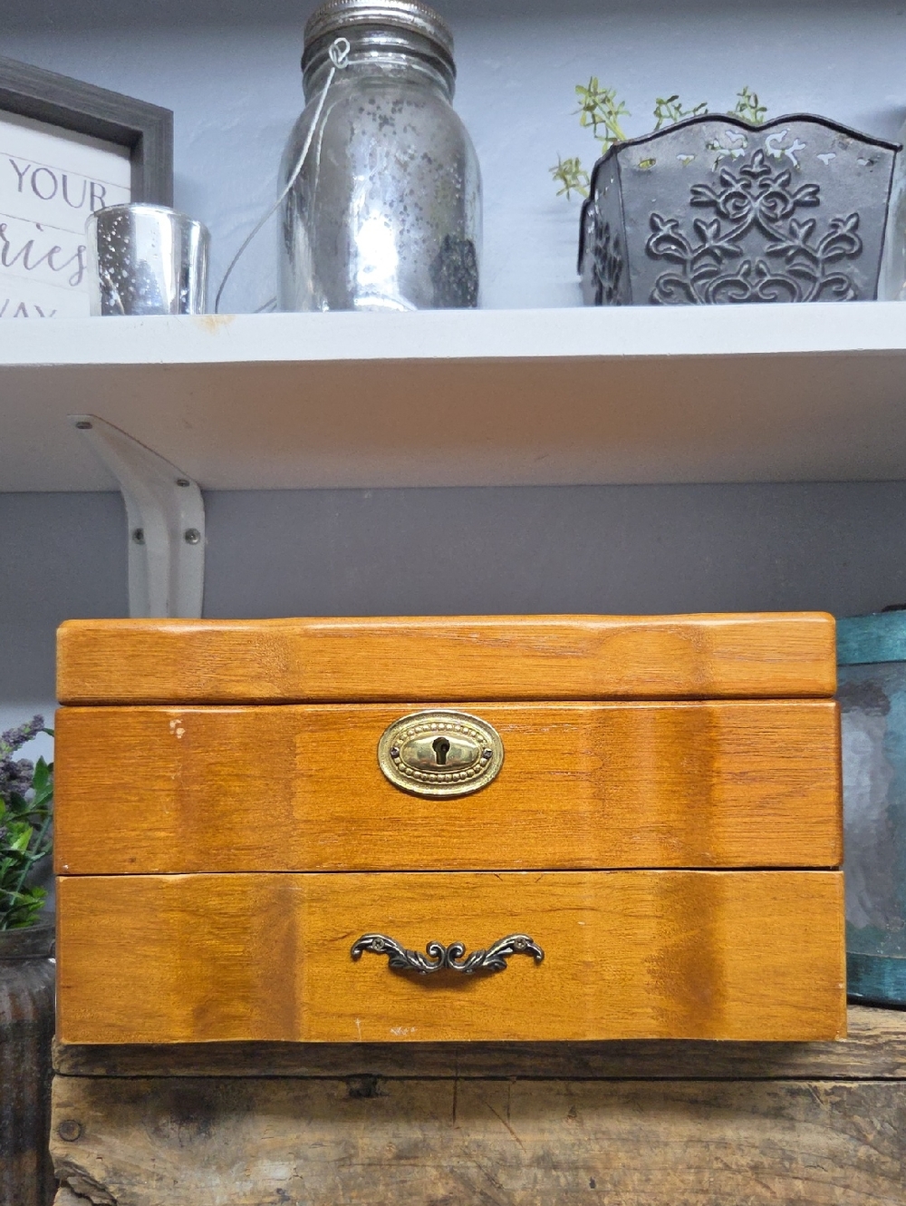 Wooden Jewelry Box with Brass Hardware - Natural Brown
